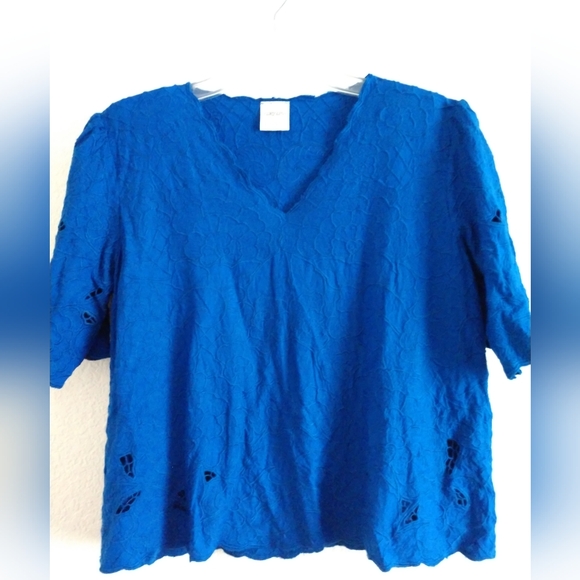 Silky Line Embroidered Shirt with Cutwork Royal Blue on Blue Small, Chest 34" - Picture 1 of 5